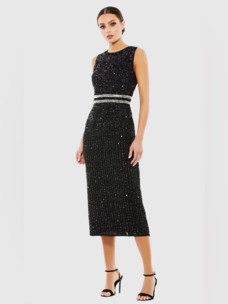 Black Sleeveless High Neck Beaded Midi Sheath Dress - Size 2